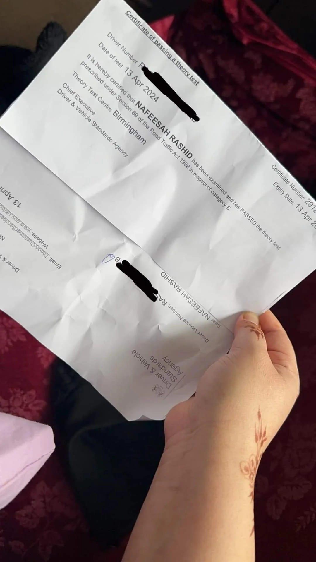 UK Theory Test Pass Certificate